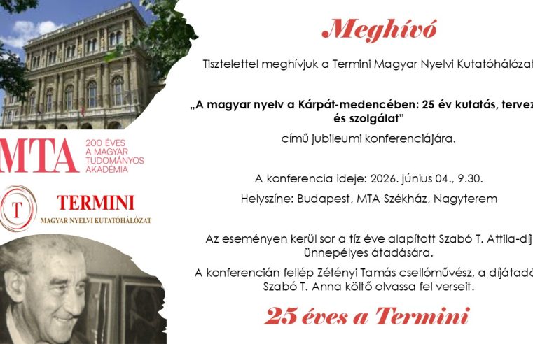 25 éves a Termini: ünnepi konferencia és a Szabó T. Attila-díj átadása az Akadémián 2026. június 4-én