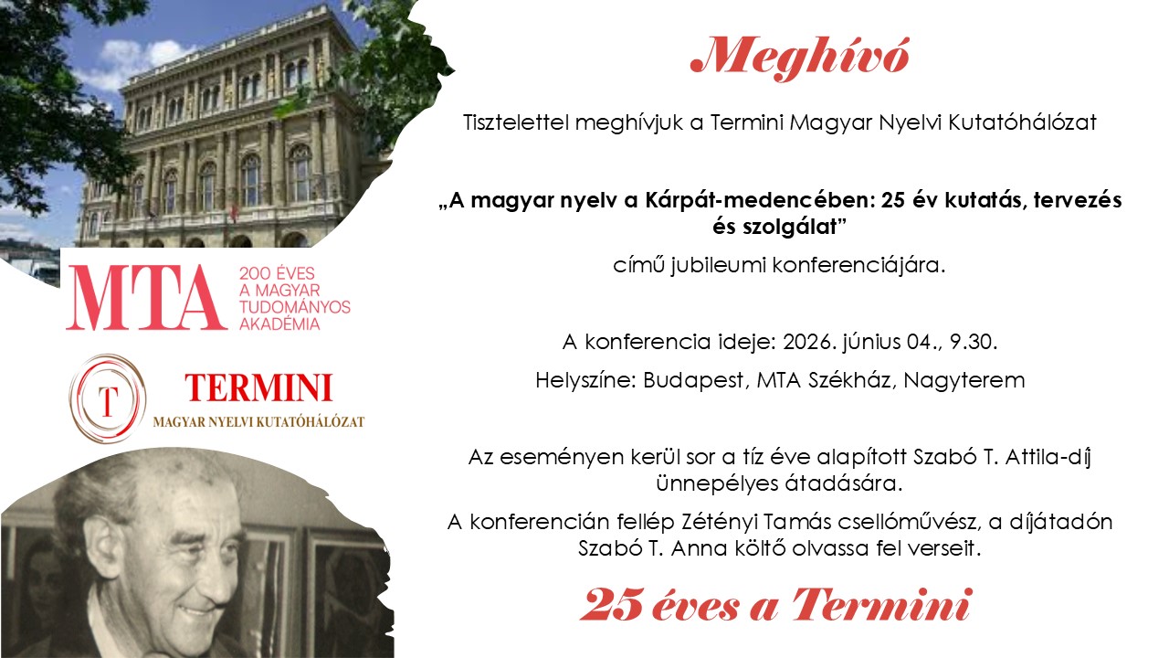 25 éves a Termini: ünnepi konferencia és a Szabó T. Attila-díj átadása az Akadémián 2026. június 4-én